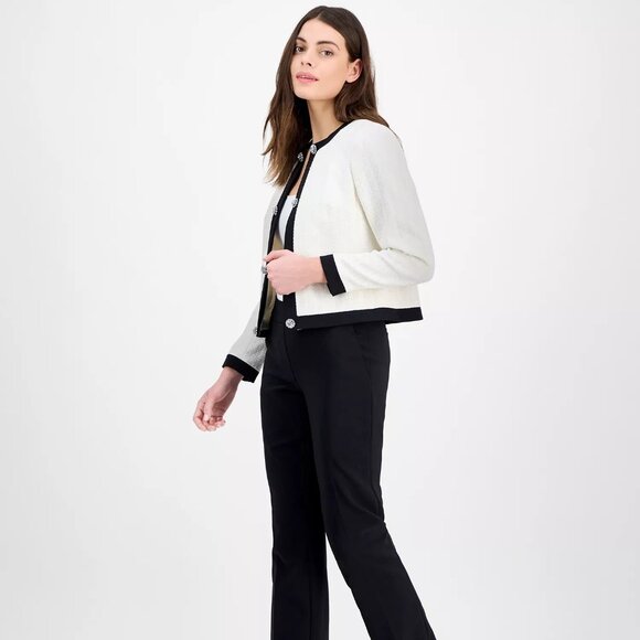 Anne Klein Women's Embellished Framed Cardigan Sweater White BLK 12 NEW - Picture 2 of 4